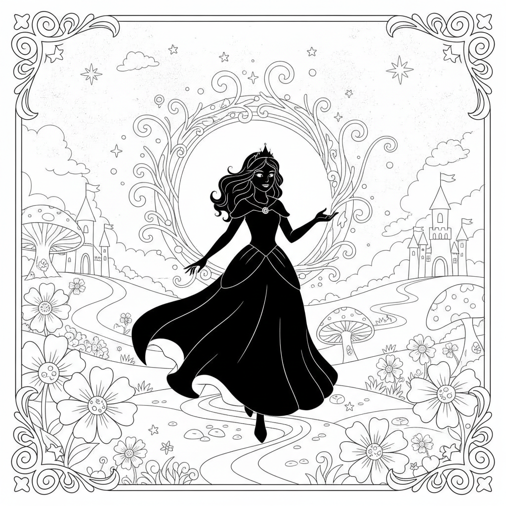 A girl in a cape by a glowing portal — Free Coloring Page for Kids coloring page