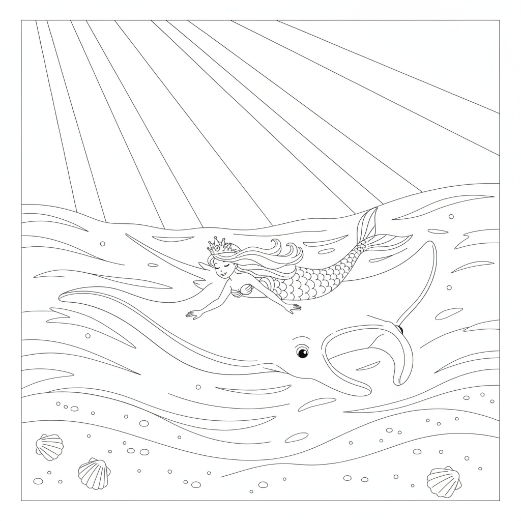 Cheerful Mermaid Riding Manta Ray — Free Coloring Page for Kids