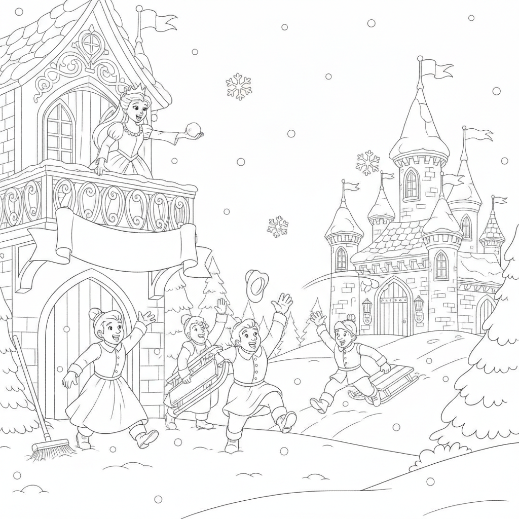 Cheerful Winter Scene — Free Coloring Page for Kids