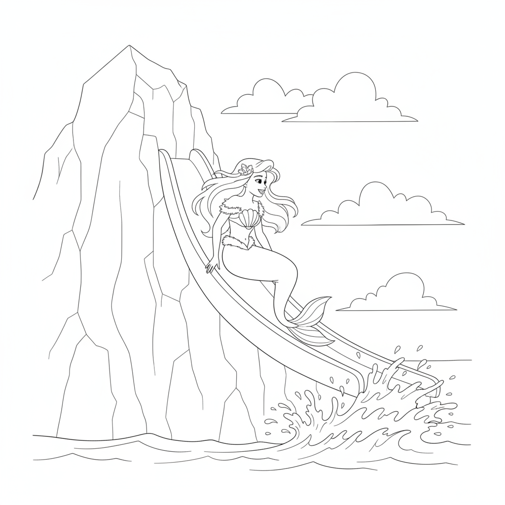 Sereia Alegre Deslizando para o Oceano — Desenho de Princesa para Colorir — Grátis