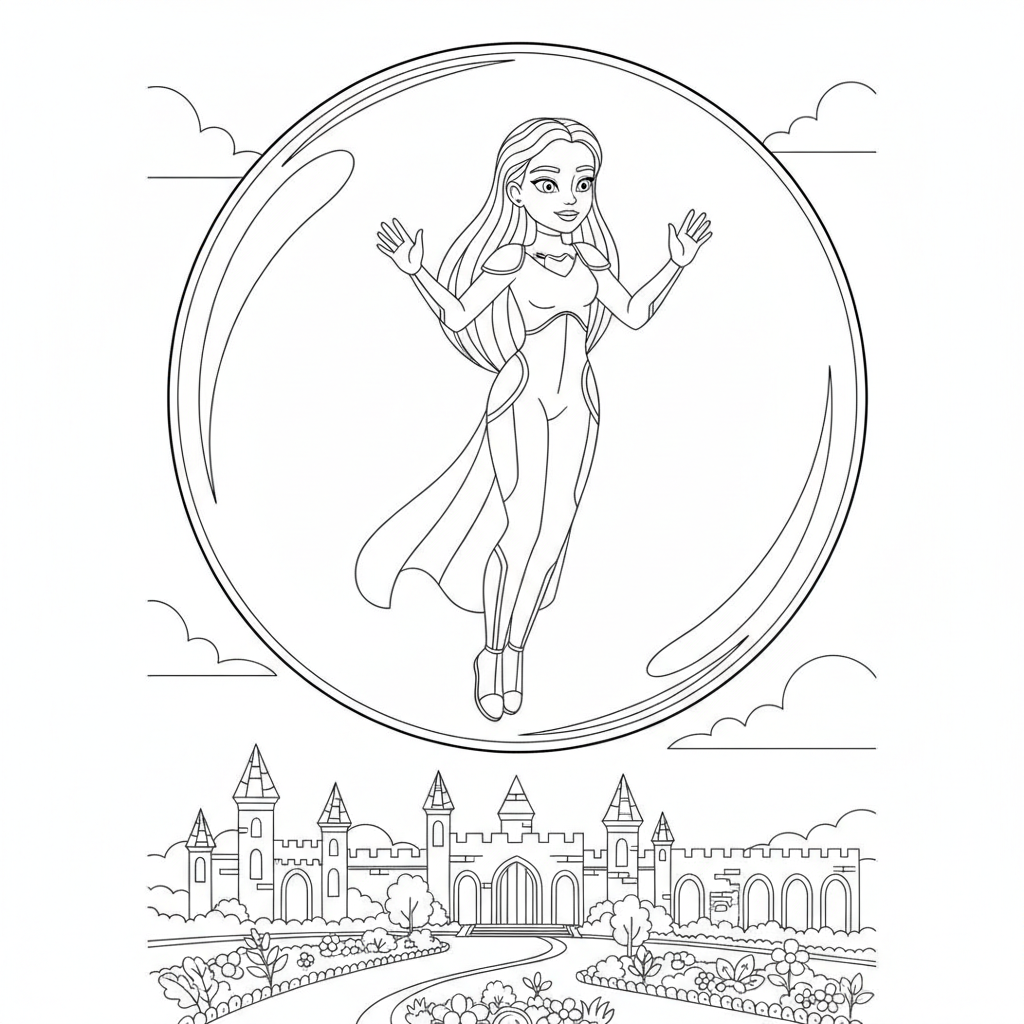 Cheerful Princess in a Giant Bubble — Free Printable Coloring Page for Kids