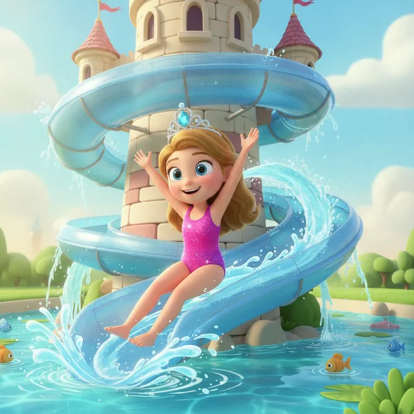 Cheerful Princess on Water Slide — Free Coloring Page for Kids