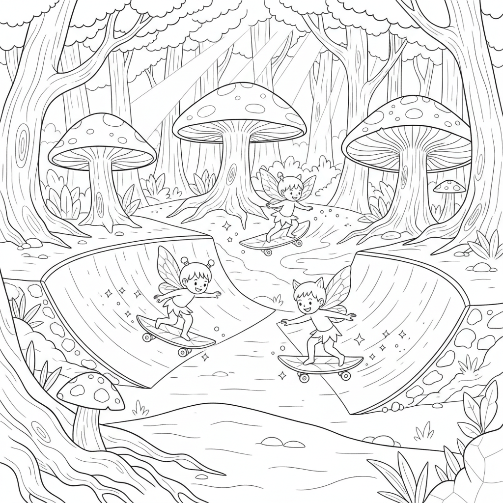 Whimsical Fairy Skateboarding Fun — Free Coloring Page for Kids coloring page