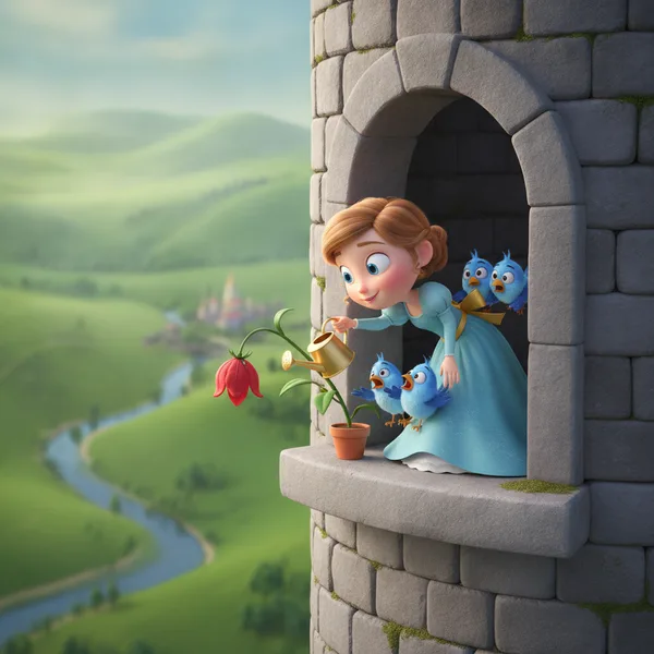Joven Regando una Flor — Dibujos de Princesas para Colorear — Gratis para Imprimir