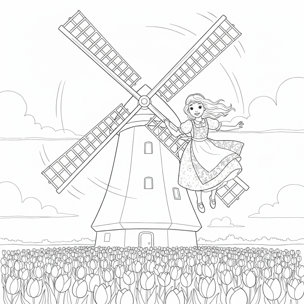Cheerful Princess at a Windmill — Free Coloring Page for Kids