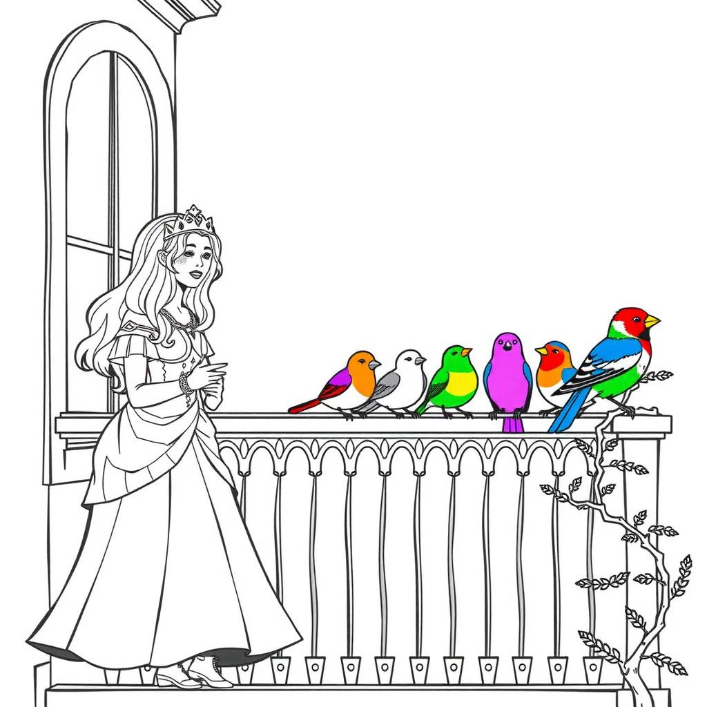 Joyful Princess on Balcony — Free Coloring Page for Kids coloring page