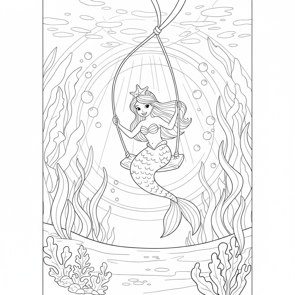 Cheerful Mermaid Swinging in Coral Reefs — Free Coloring Page for Kids