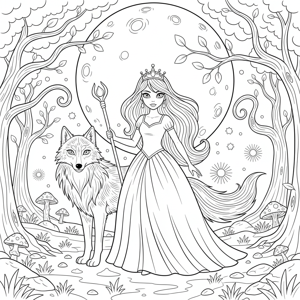 Magical Moonlit Adventure — Free Coloring Page for Kids coloring page