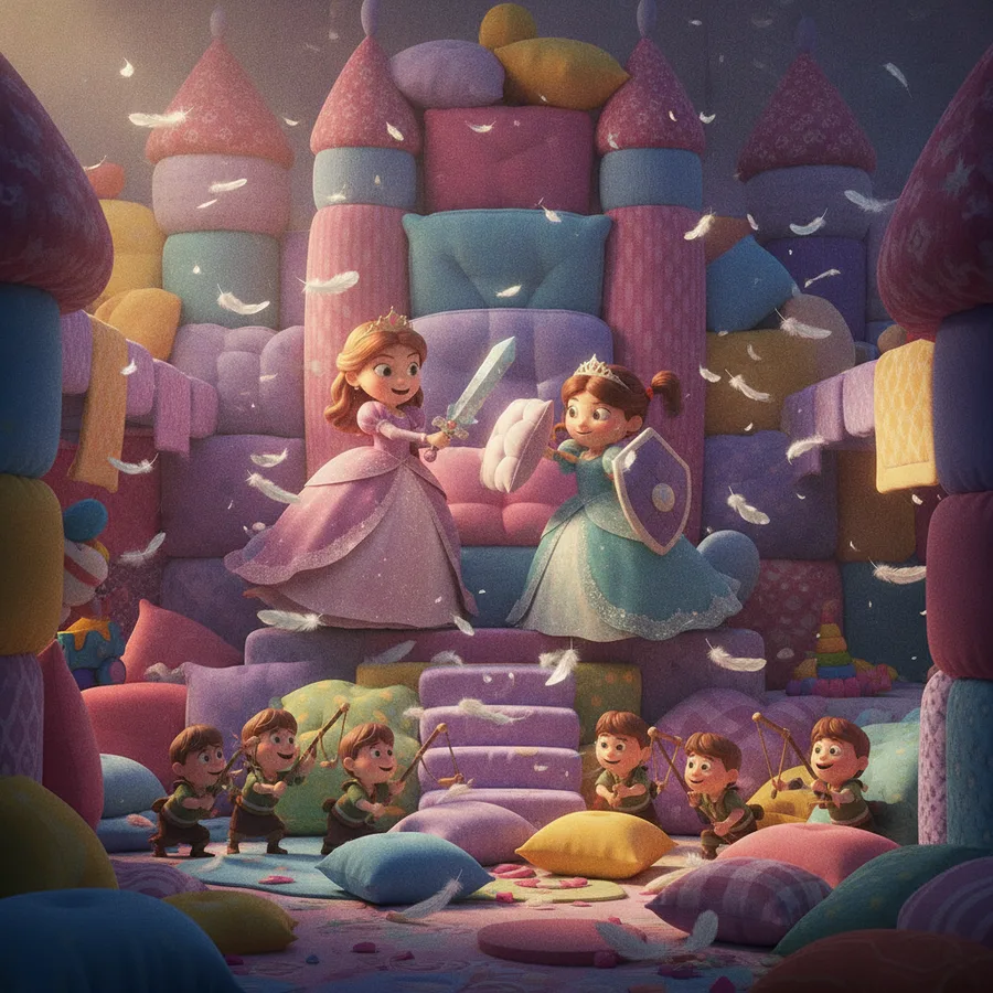This coloring page features two princesses having a fun pillow fight surrounded by colorful cushions. The large pillows are easy to color, while the details of the small characters and floating feathers add a fun challenge.