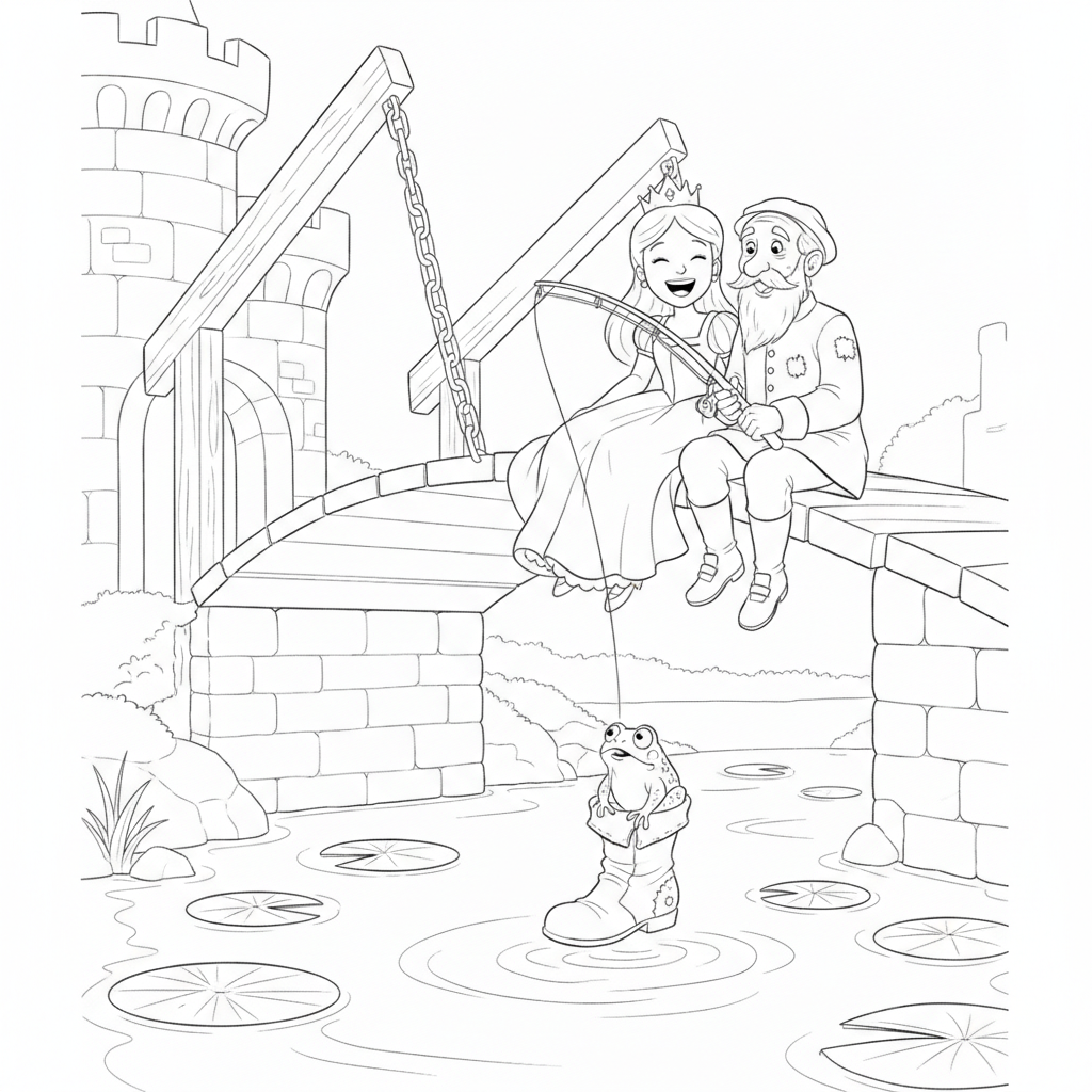 Cheerful Girl on Swing by Castle at Sunset — Free Coloring Page for Kids