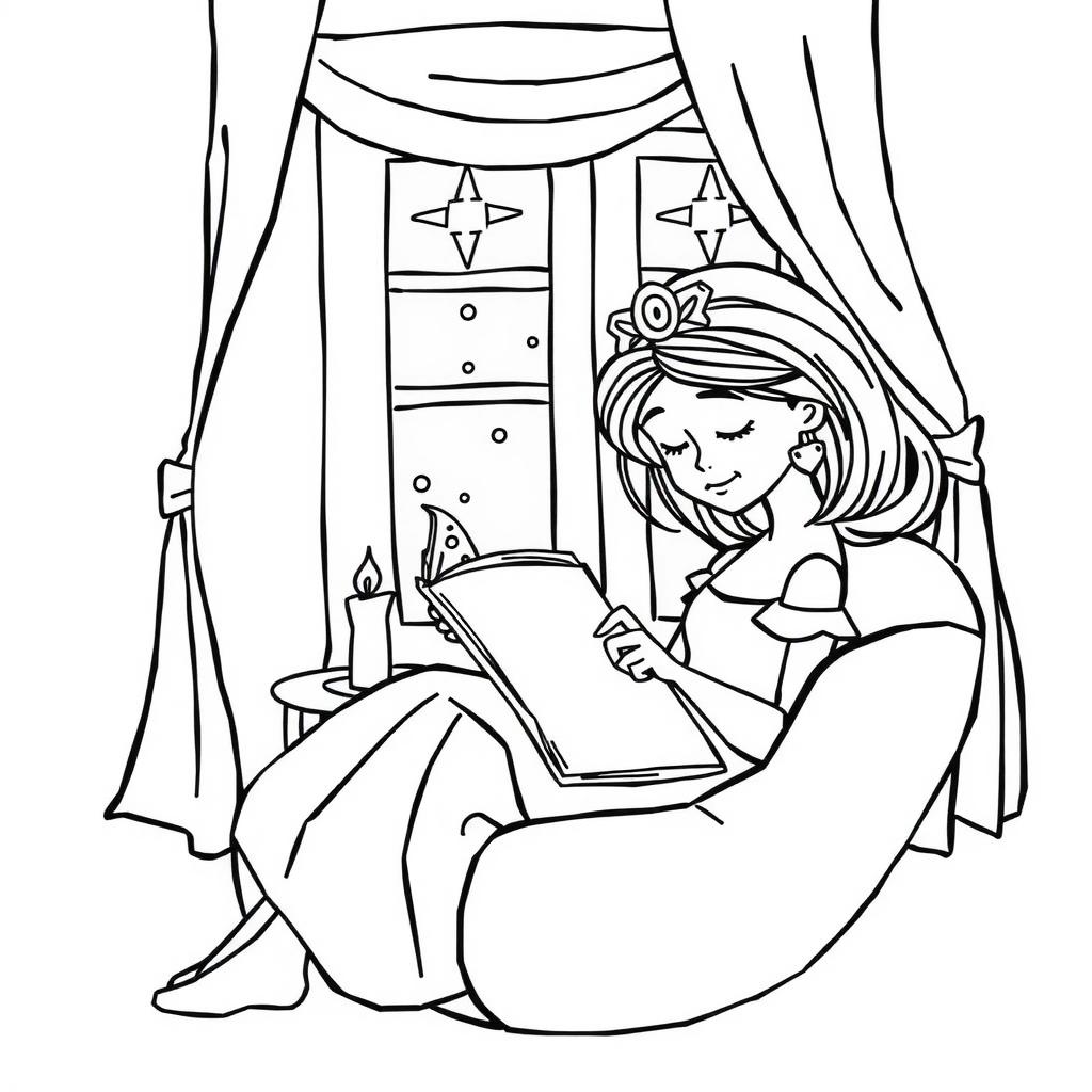 Princess Reading in Candlelight — Free Coloring Page for Kids coloring page