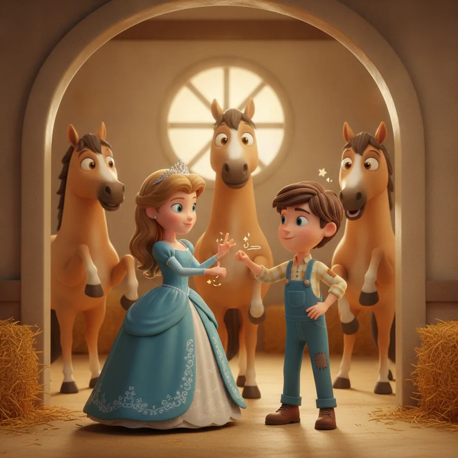 Dieses Ausmalbild zeigt eine Prinzessin in einem schönen Kleid und einen Jungen in Latzhosen, umgeben von freundlichen Pferden. Die einfachen Bereiche sind die Pferde und Wände, während das Kleid der Prinzessin eine spaßige Herausforderung bietet.
