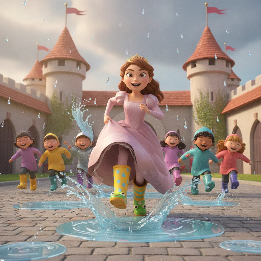 Coloriez une princesse joyeuse dans une robe rose aux côtés d'enfants riant en imperméables colorés. Les grandes flaques sont faciles à colorier, tandis que les détails du château représentent un défi amusant.