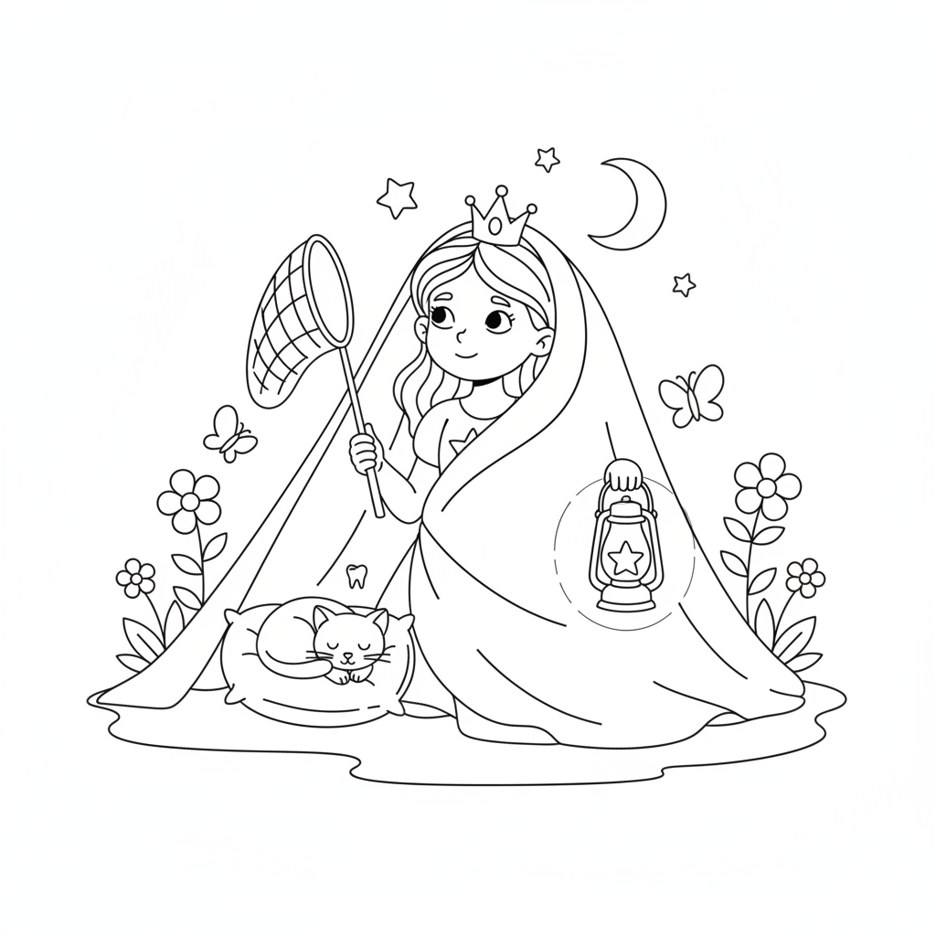Une Fille dans une Tente avec un Chat — Coloriage Princesses — Gratuit à Imprimer