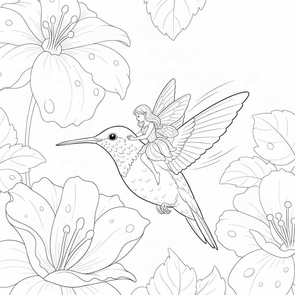 Fairy Riding a Hummingbird — Free Coloring Page for Kids