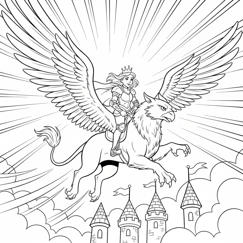 Princess Griffin Mount Adventure — Free Coloring Page for Kids coloring page