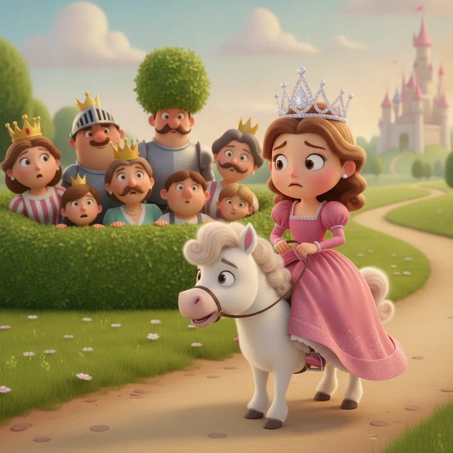 Cette image montre une princesse inquiète chevauchant un petit poney blanc, entourée de spectateurs surpris. Les zones du chemin et de sa robe sont faciles à colorier, tandis que les détails de la couronne et de la haie offrent un défi amusant.