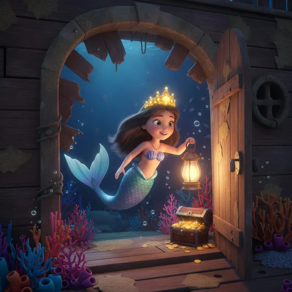 Cheerful Mermaid with Treasure Chest — Free Coloring Page for Kids