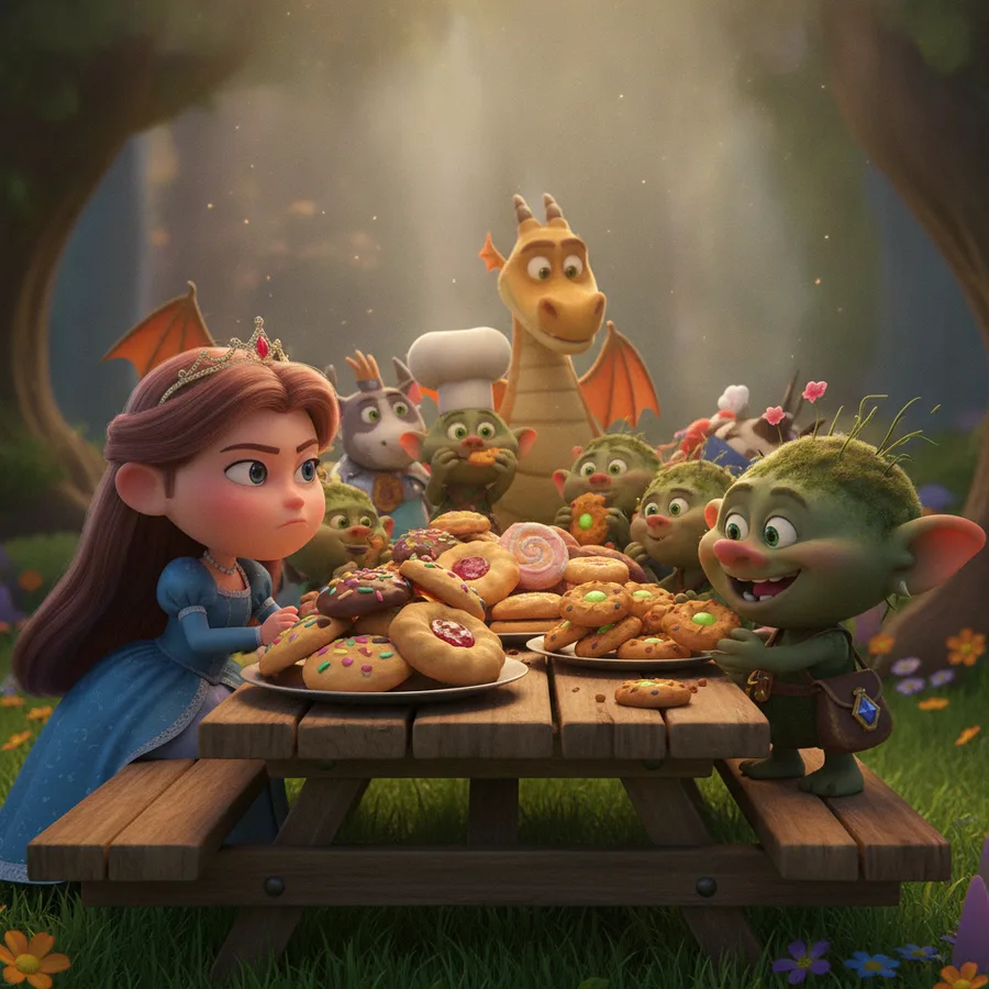 Esta divertida página para colorir apresenta uma cena mágica de piquenique com uma princesa e goblins amigáveis. Os biscoitos são fáceis de colorir, enquanto os detalhes do vestido proporcionam um desafio encantador.