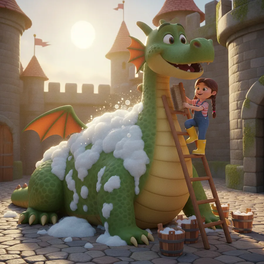 Esta página de colorear presenta una escena divertida de una niña lavando a un dragón. El patio del castillo tiene áreas fáciles como el cielo y la hierba, mientras que las escamas del dragón son un desafío divertido.