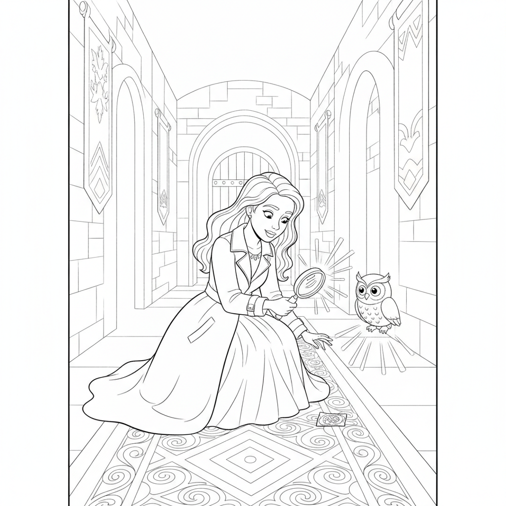 Kneeling Detective in a Castle — Free Coloring Page for Kids coloring page
