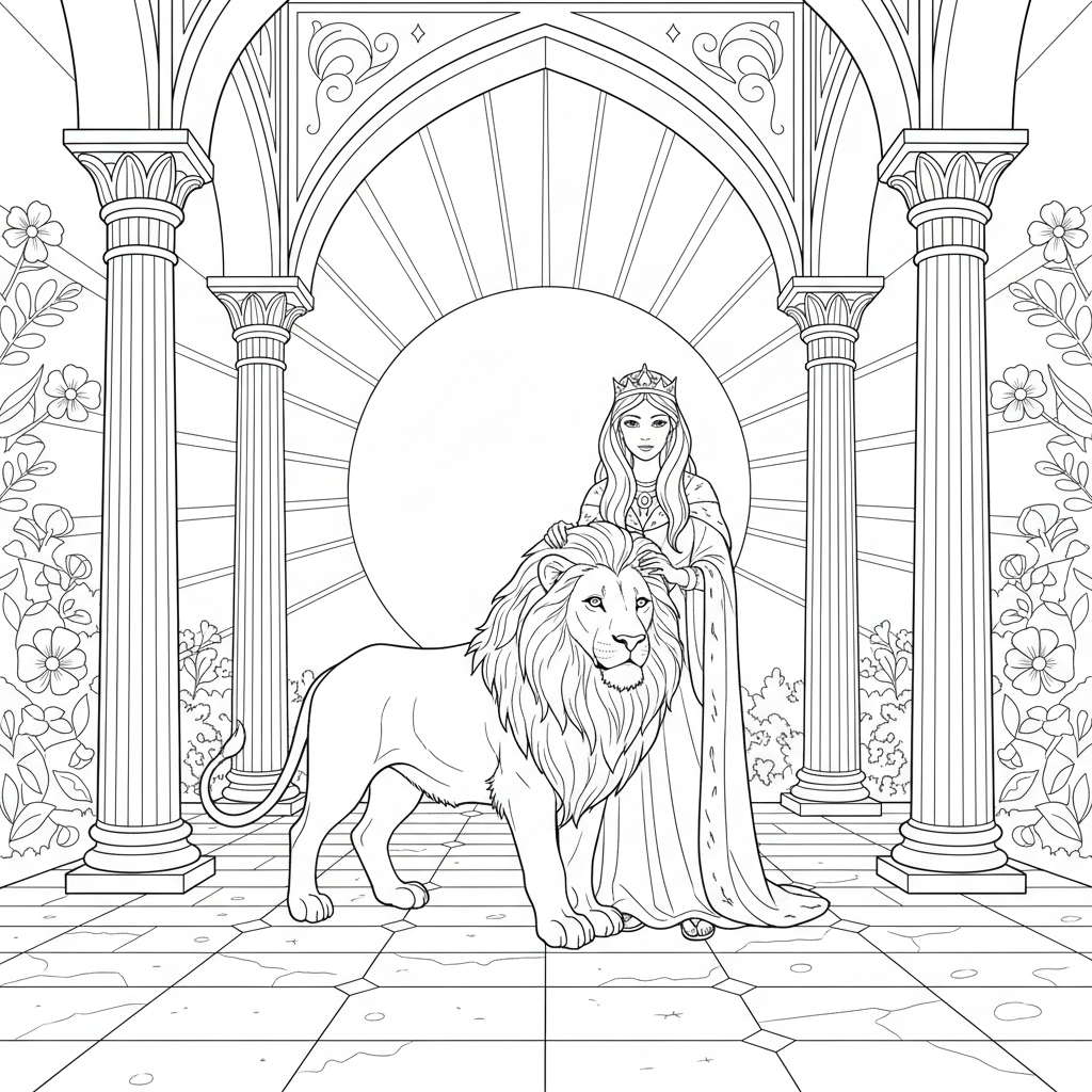 Majestic Lion in the Courtyard — Free Coloring Page for Kids coloring page
