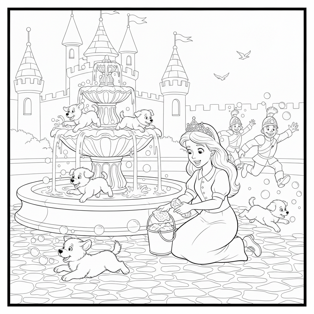 Un caballero alegre salta en un patio de castillo — Dibujos de Princesas para Colorear — Gratis para Imprimir