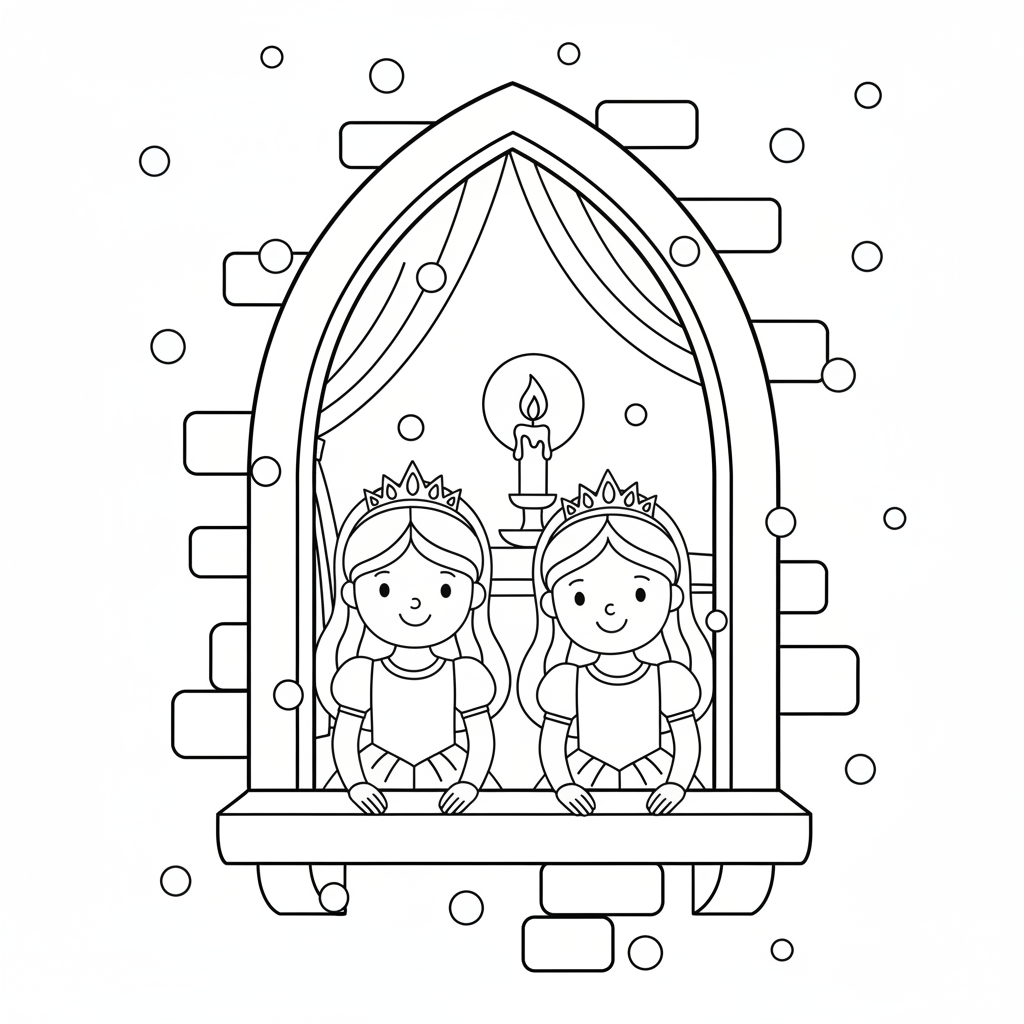 Princess Sisters at Window — Free Printable Coloring Page for Kids coloring page