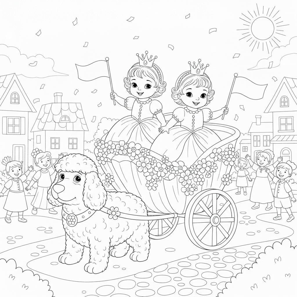 Coloriage des Princesses Jumelles dans un Char de Fleurs — Gratuit à Imprimer