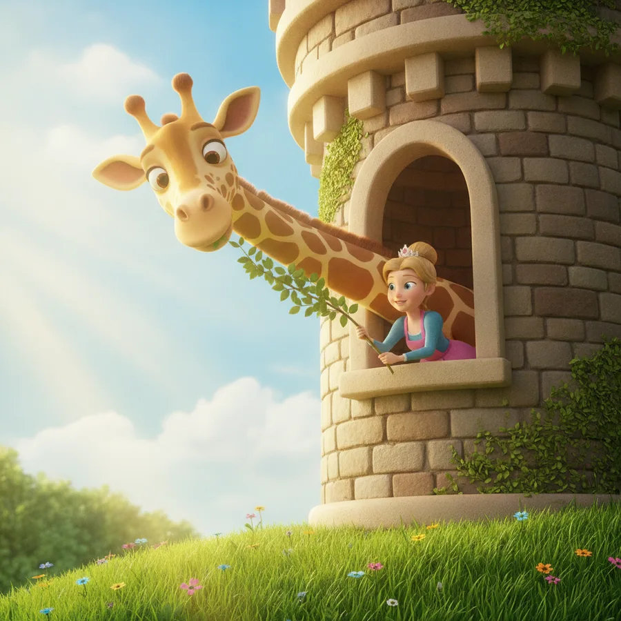 This enchanting coloring page features a young princess peering out from a tower with a friendly giraffe. The tower and giraffe are easy to color, while the flowers provide a fun challenge.