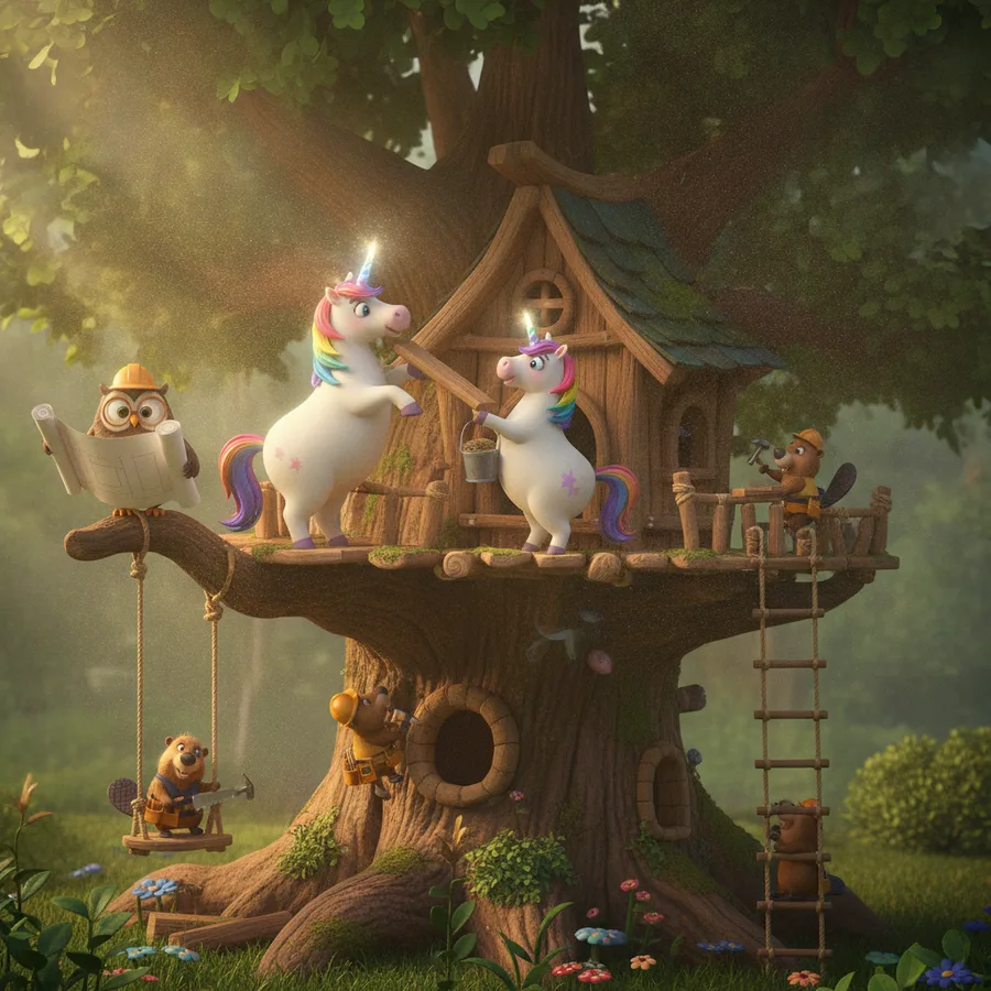 This coloring page features two whimsical unicorns constructing a treehouse. The large tree trunk provides easy areas to color, while the unicorns' detailed manes offer a fun challenge.