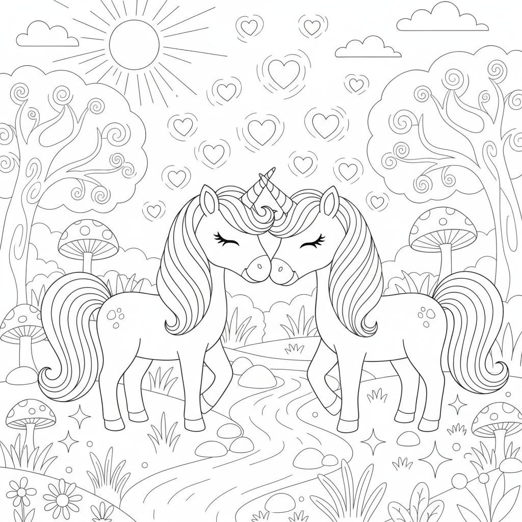 Two Adorable Unicorns in a Magical Forest — Free Coloring Page for Kids coloring page