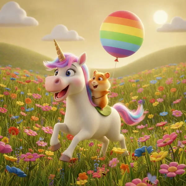 Unicornio alegre galopando con un hámster — Dibujos de Unicornio para Colorear — Gratis para Imprimir