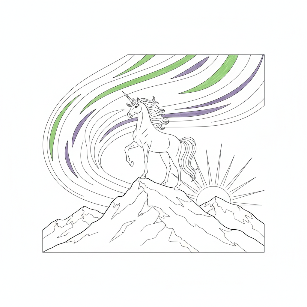 Whimsical Unicorn Under Northern Lights — Free Coloring Page for Kids coloring page