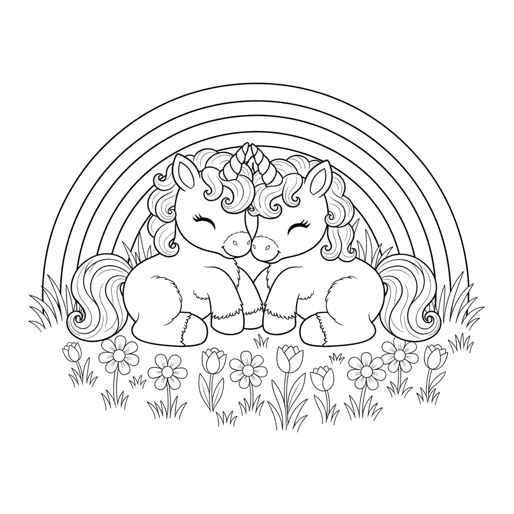Baby Unicorn Twins Playing Together — Free Coloring Page for Kids coloring page