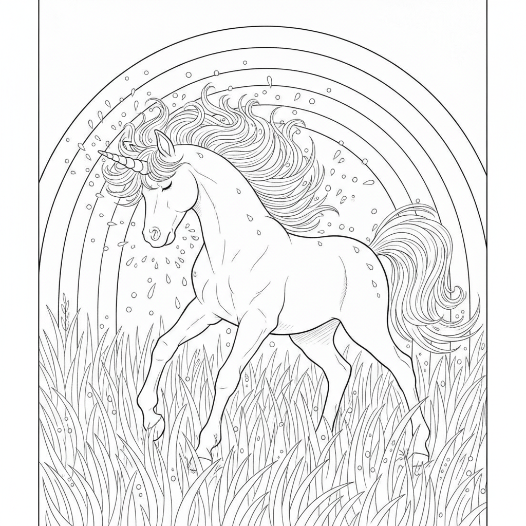 Cute Unicorn in a Rainbow Field — Free Printable Coloring Page for Kids