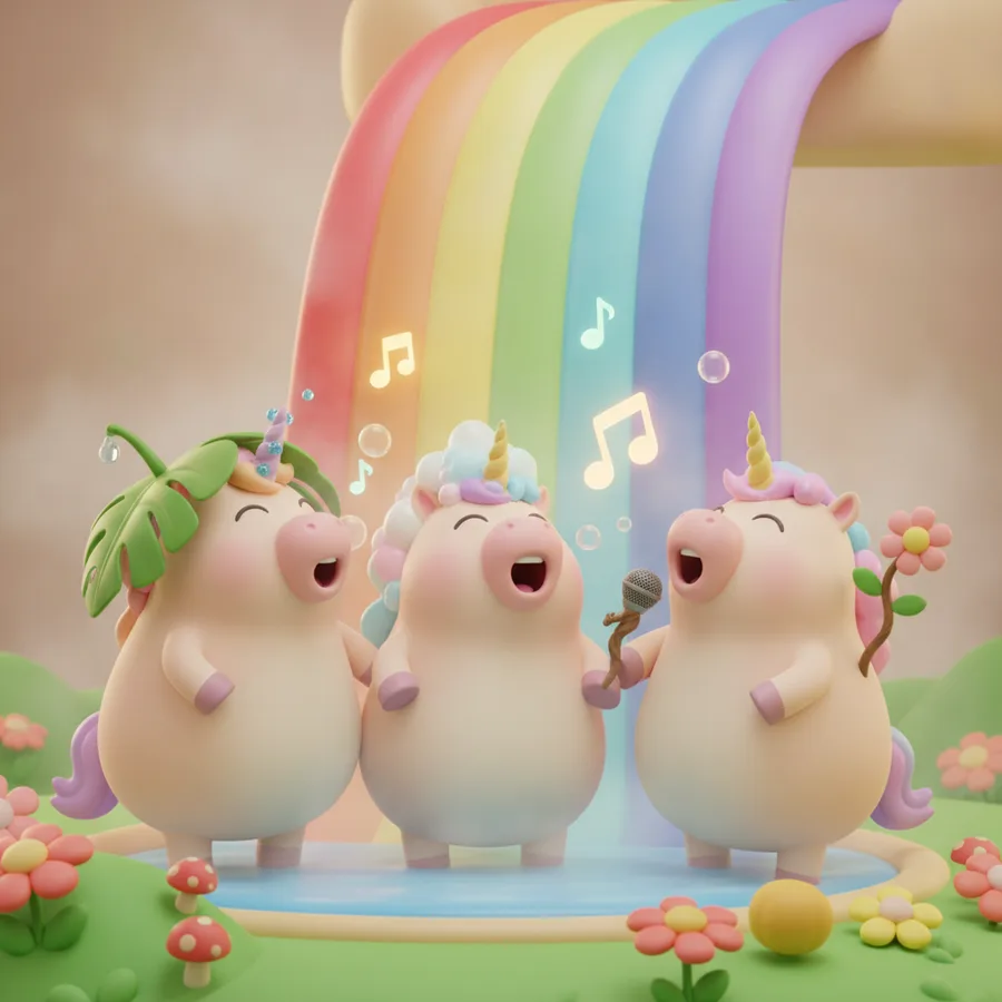 Dieses Ausmalbild zeigt drei bezaubernde Einhorn-Schweine, die fröhlich unter einem Regenbogen singen. Die großen Flächen mit Blumen und Blasen sind leicht auszumalen, während die Details der Kreaturen eine spaßige Herausforderung bieten.