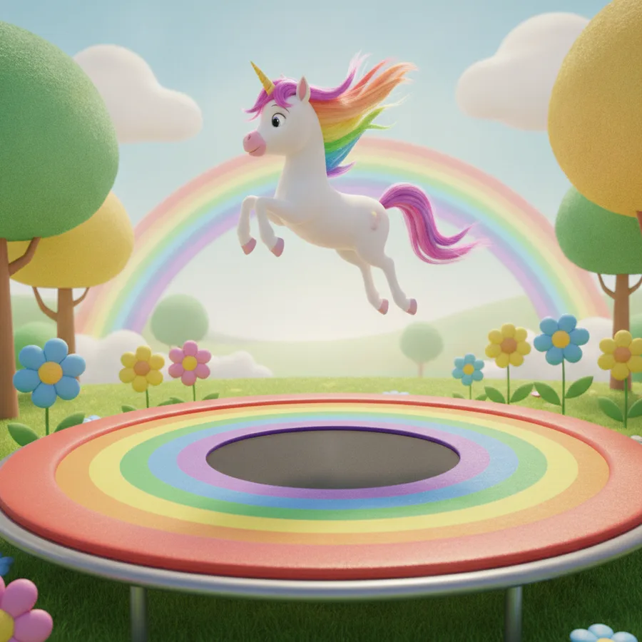 Male dieses fröhliche Einhorn, das über ein Regenbogen-Trampolin springt! Die Blumen und das Trampolin sind einfach zu kolorieren und machen Spaß.