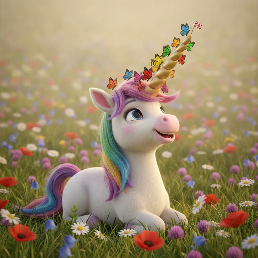Dieses Ausmalbild zeigt ein süßes Einhorn in einer lebendigen Wiese, was es den Kindern erleichtert, die großen Flächen auszumalen. Die Blumen und Schmetterlinge bieten eine spaßige Herausforderung.
