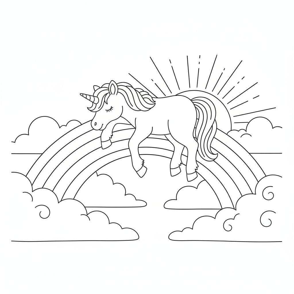 Süßes Einhorn auf einem Regenbogen — Einhorn Ausmalbild — Kostenlos Ausdrucken