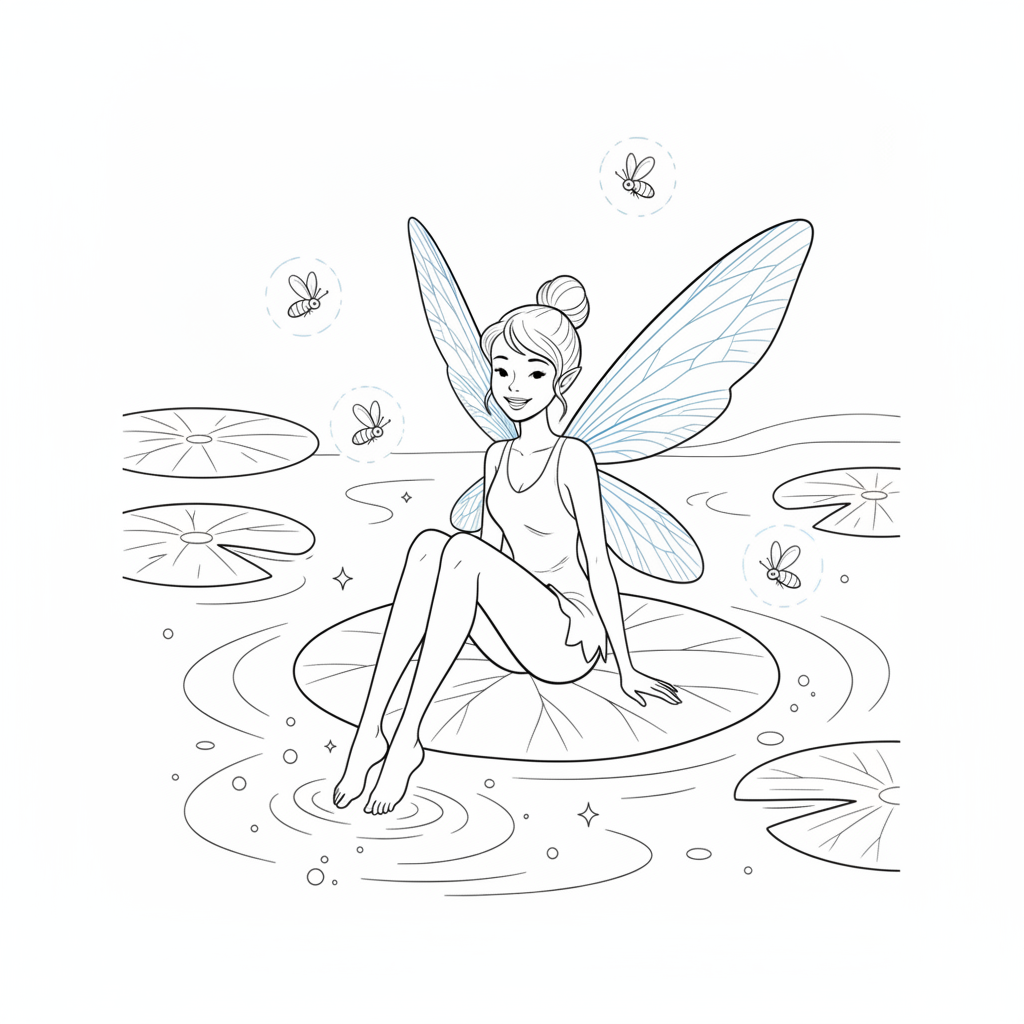 Fée Fantastique sur Nénuphar — Coloriage Fées — Gratuit à Imprimer