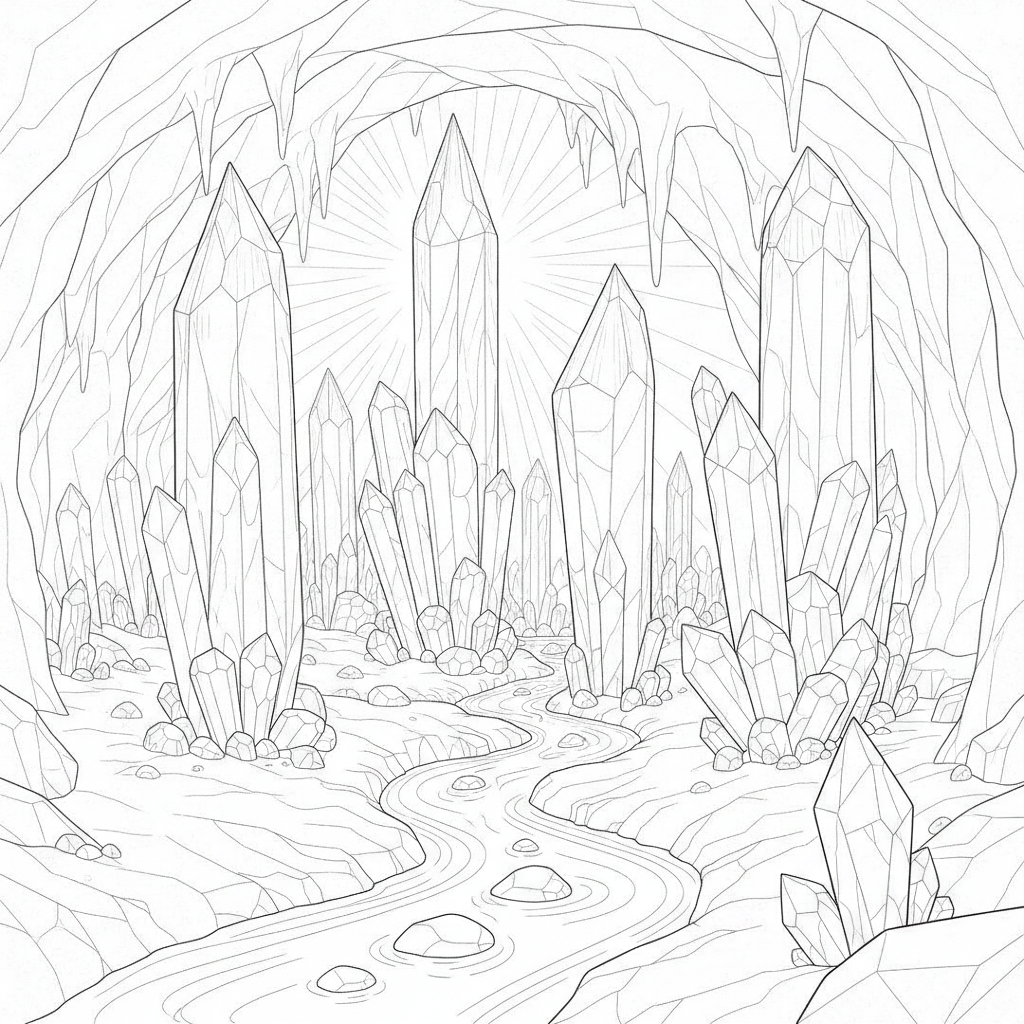 Pilares de Caramelo en una Cueva de Cristal — Dibujos de Unicornios para Colorear — Gratis para Imprimir