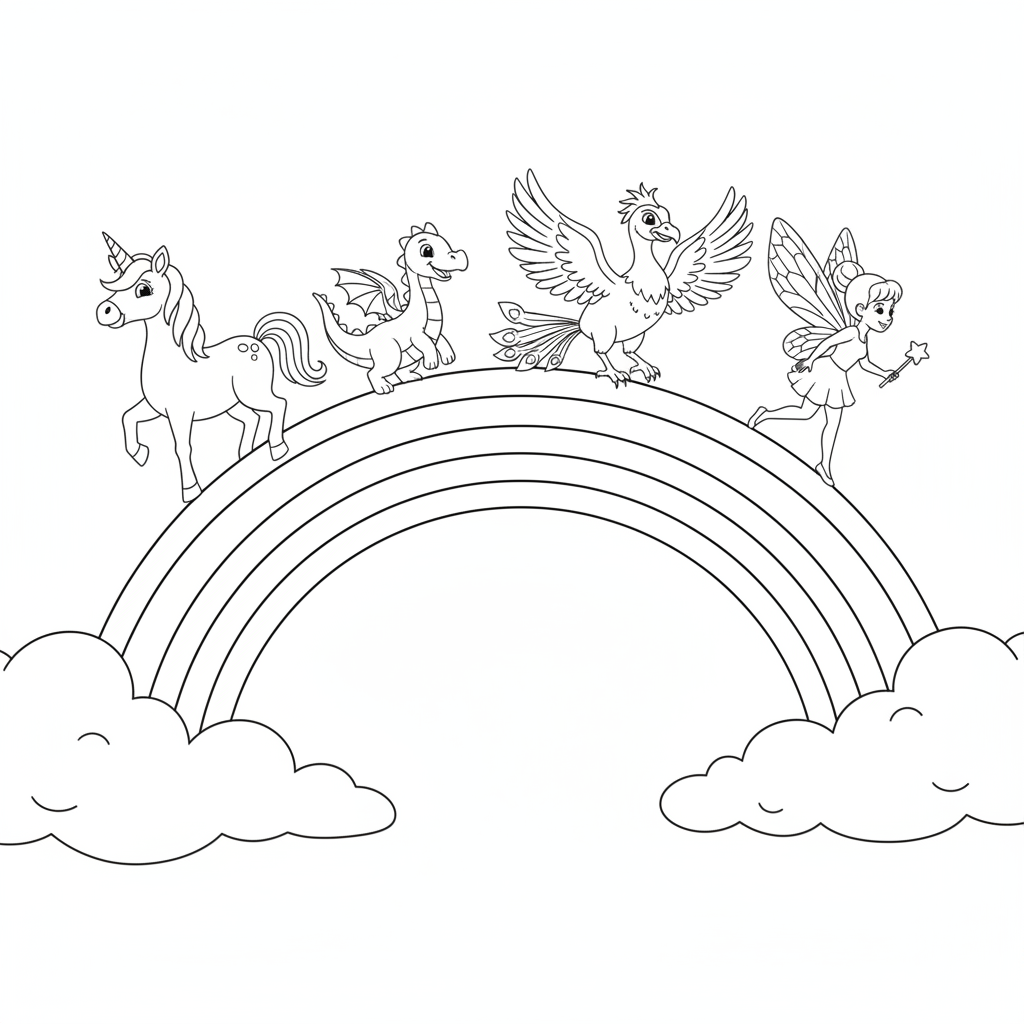 Licorne Joyeuse sur un Arc-en-Ciel — Coloriage Licorne — Gratuit à Imprimer