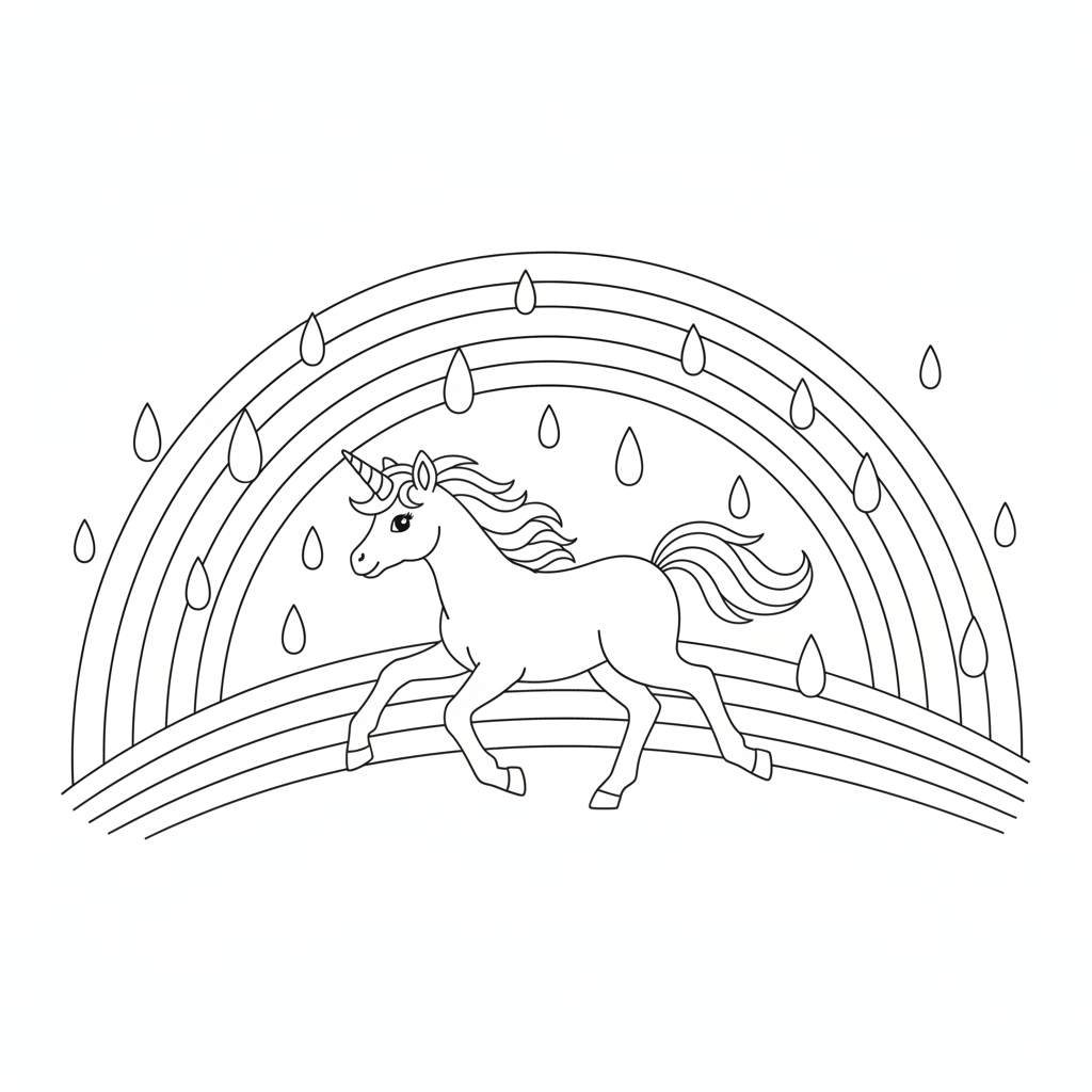 Whimsical Unicorn Trotting on a Rainbow — Free Coloring Page for Kids