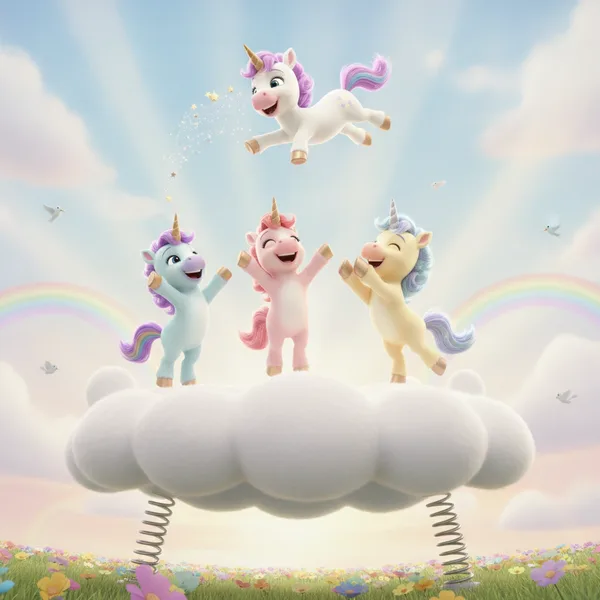 Cuatro Unicornios Alegres en una Nube Trampolín — Dibujos de Unicornios para Colorear — Gratis para Imprimir