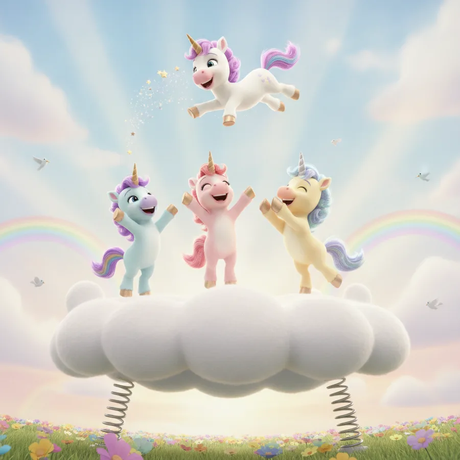 Cette page de coloriage délicieuse présente quatre licornes sautant joyeusement sur un nuage. Les larges zones du nuage sont faciles à colorier, tandis que les fleurs détaillées offrent un défi amusant.