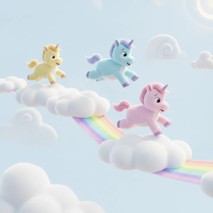 This delightful coloring page features three adorable unicorns against a bright blue sky. Kids will enjoy coloring the fluffy clouds and the colorful rainbow, with easy areas like the sky and more detailed parts like the unicorns' manes.