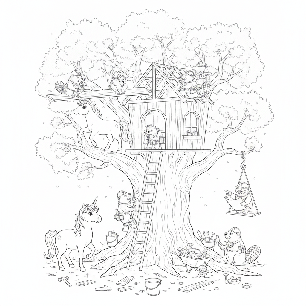 Unicorns Building a Treehouse — Free Coloring Page for Kids