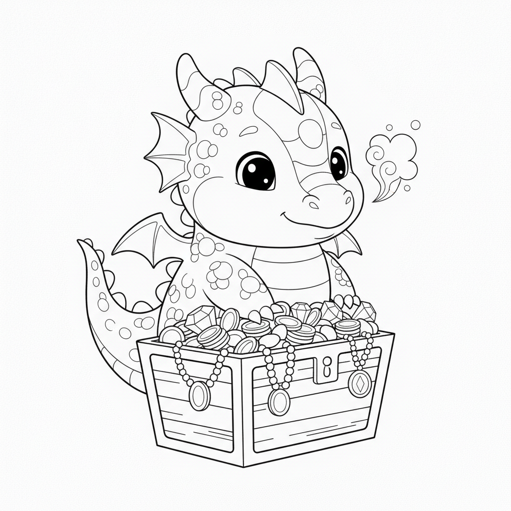 Un bébé dragon apercevant un coffre au trésor — Coloriage Dragon — Gratuit à Imprimer