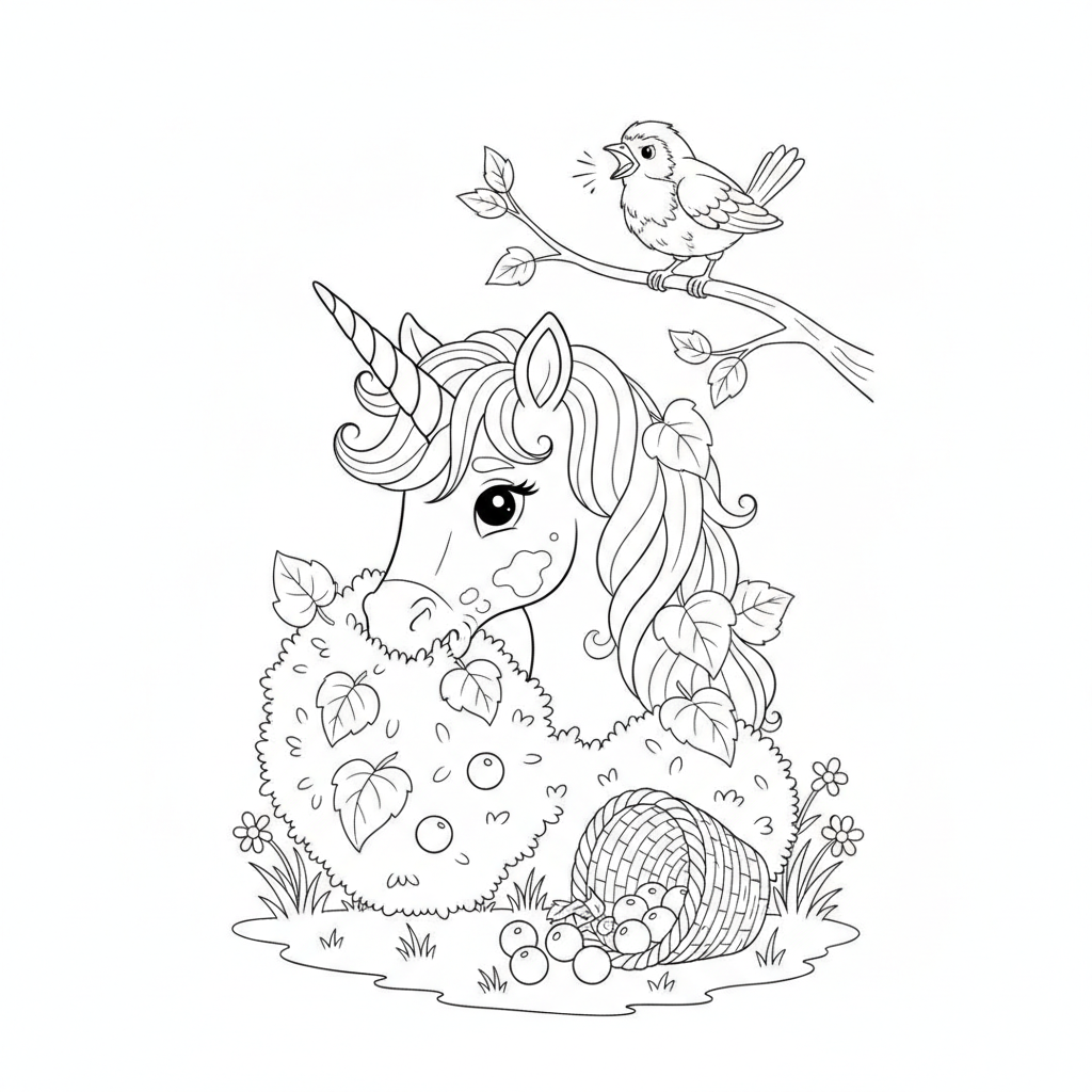 Niedlicher Einhorn Neben Bunt Beeren — Einhorn Ausmalbild — Kostenlos Ausdrucken